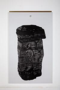 Ivan Barlafante, Canto, 2021, carboncino, ottone, pietra, tulle, carta, legno smaltato, 205 x 121 x 6 cm