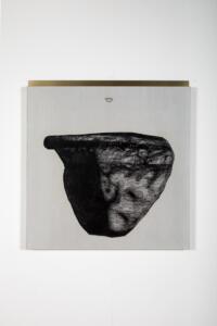Ivan Barlafante, In me, 2021, caboncino, ottone, pietra, tulle, carta, legno smaltato, 100 x 105 x 6 cm